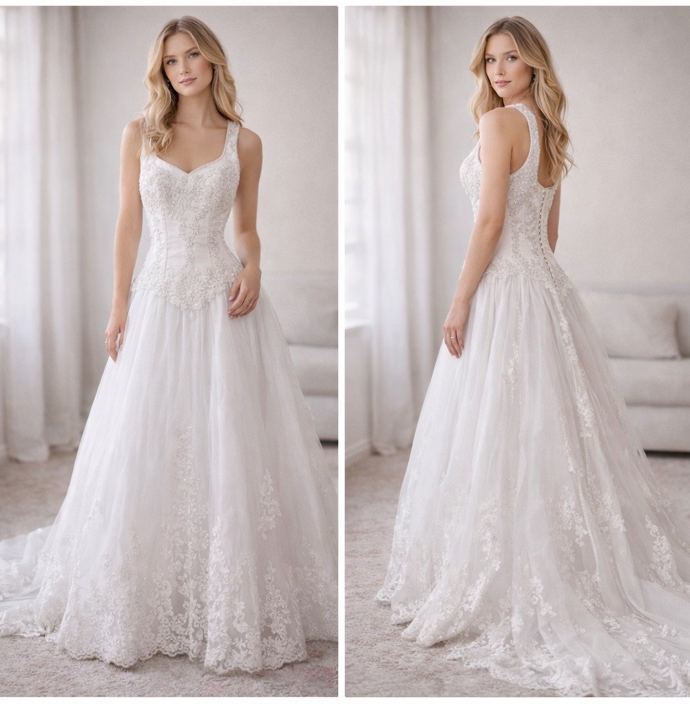 Vintage Mary’s White Beaded Lace Corset Tulle Wedding Gown Long Train Sz 8/10