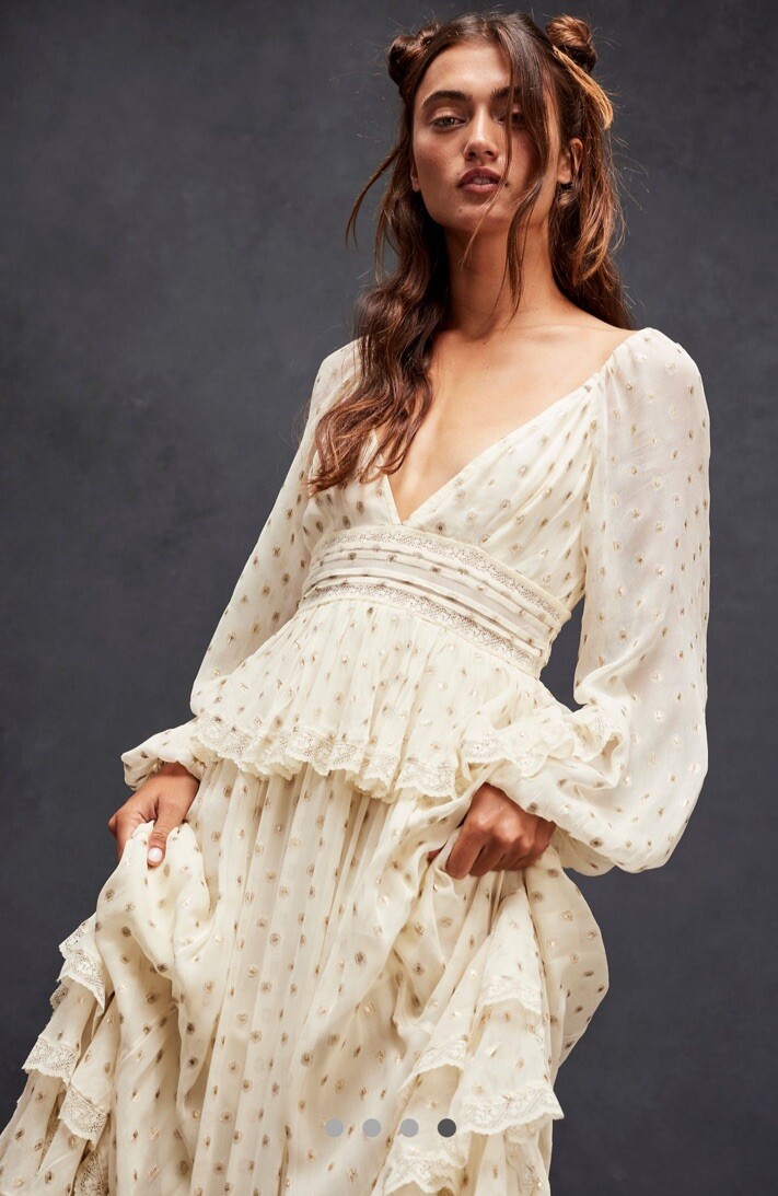Free People Rococo Sand Long Sleeved Dress Ruffle Lace Trim Metallic Ivory S NWT