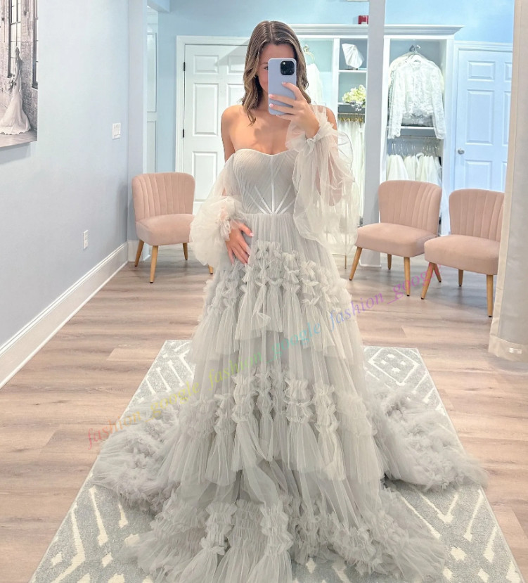 Dusty Blue Wedding Dress Detachable Long Blouson Sleeves Ruffle Tulle Boho Garde