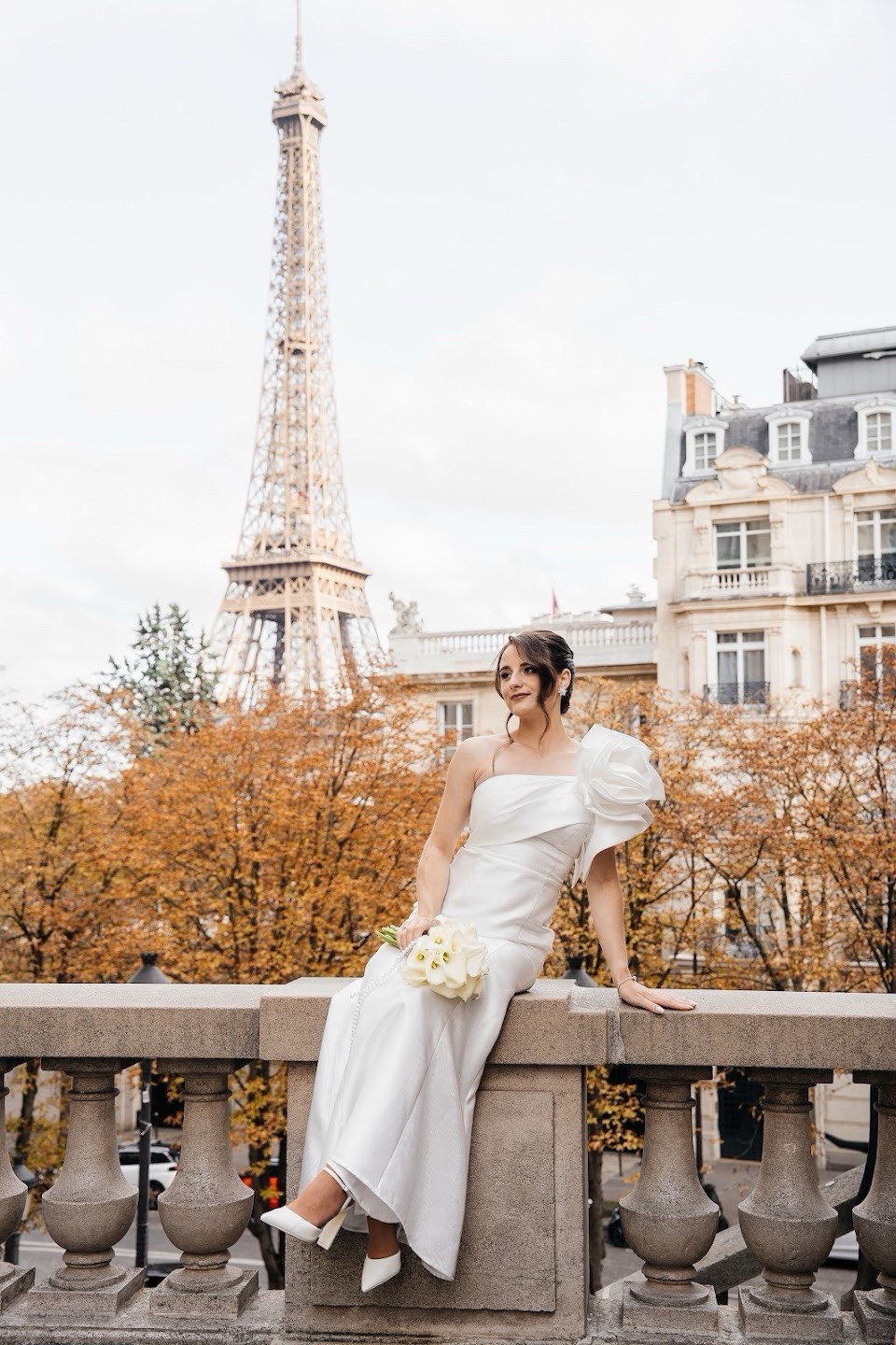 White Satin One Shoulder Full-Length Wedding Dress, Floral Detail, Sheath
