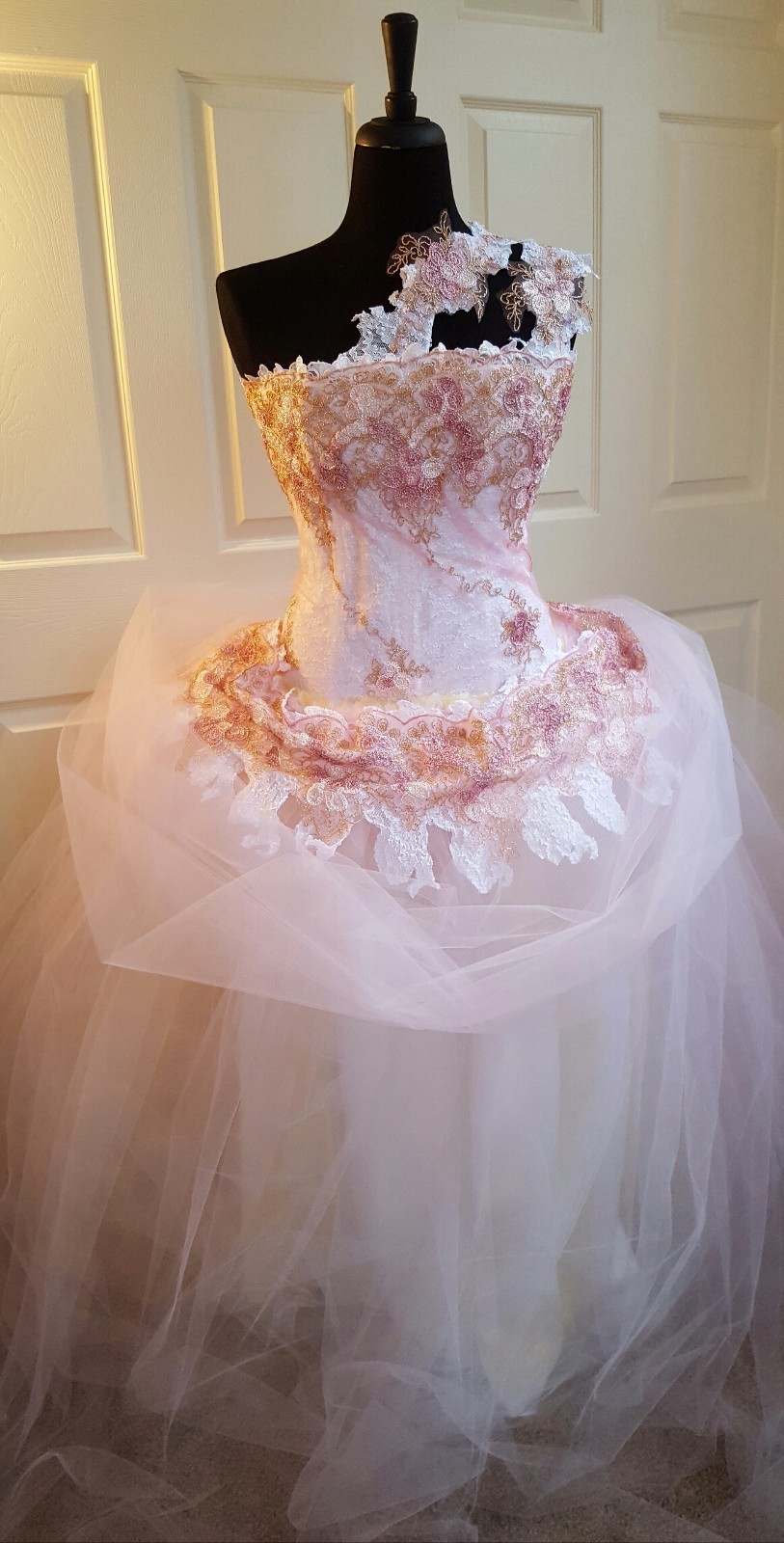 Blush Pink Gold & White One Shoulder Corset Embroidered Lace Wedding Ballgown