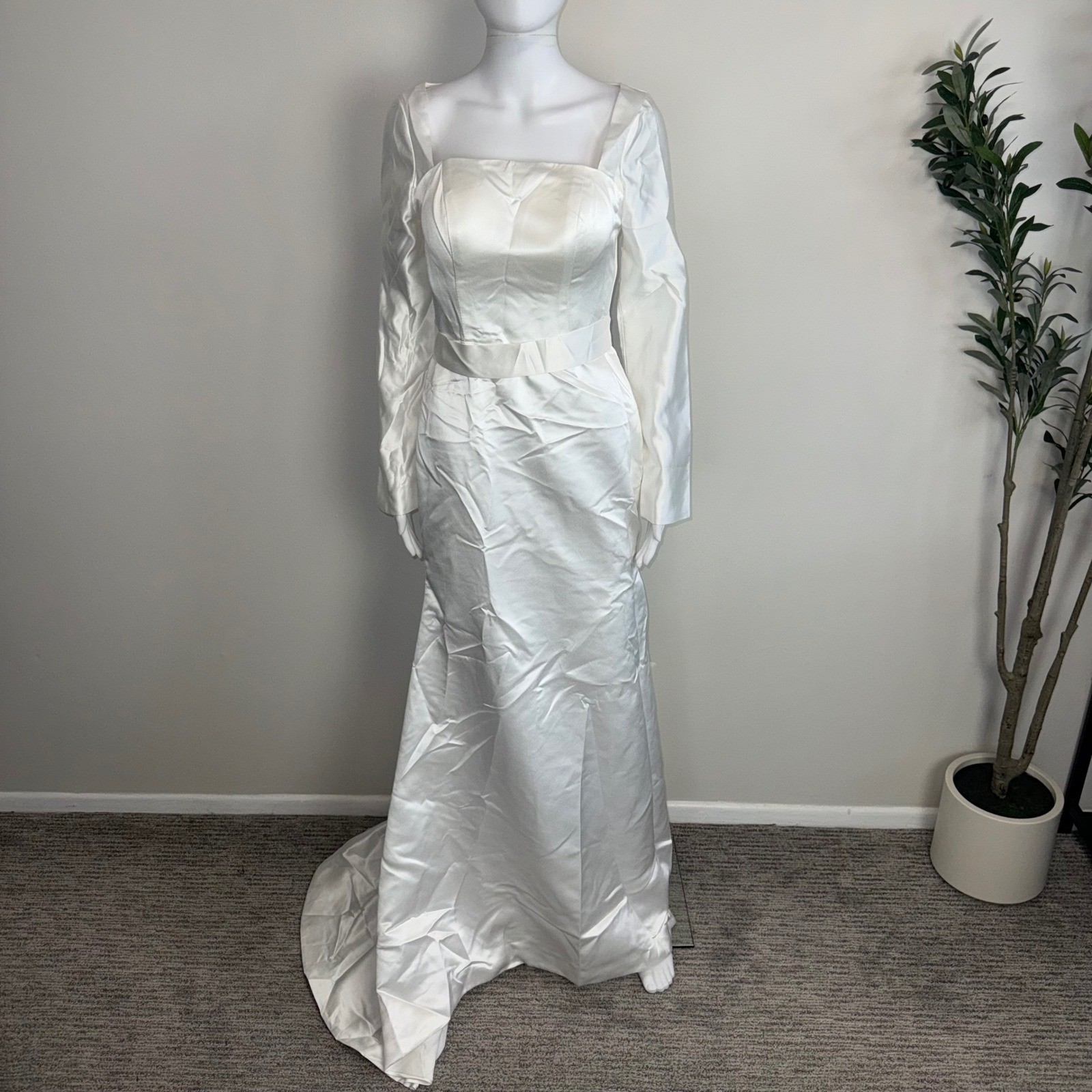 Hebeos White Satin Wedding Gown Square Neck Open Back Mermaid Bridal Dress XS