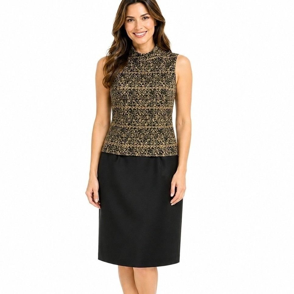 Jessica Howard Womens Gold Metallic Brocade Halter Mock Neck Sheath Dress Size 8