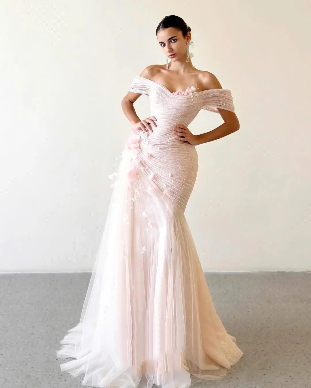 Customized Pink Off-the-Shoulder Mermaid WeddingDress with Floral Embellishments
