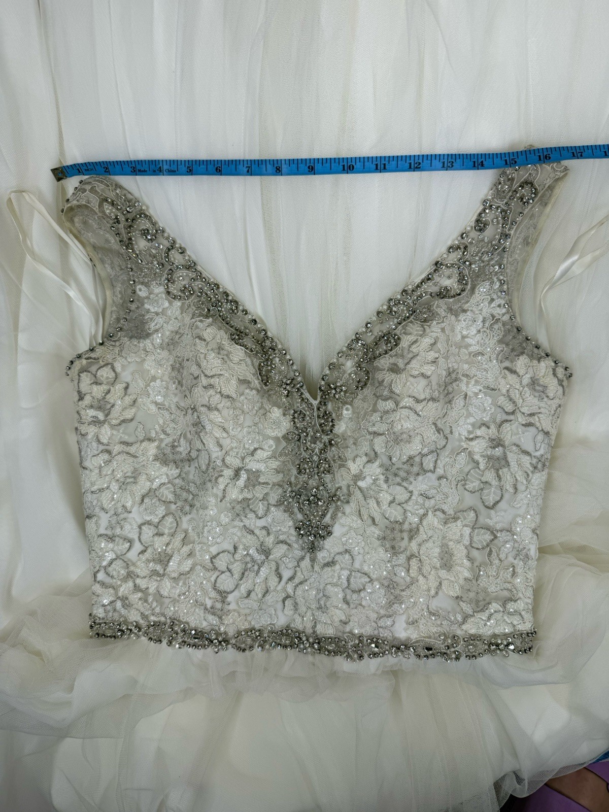 Allure Bridal Beaded Crystal Buttons Wedding Dress Ivory Silver 14 9373 Train