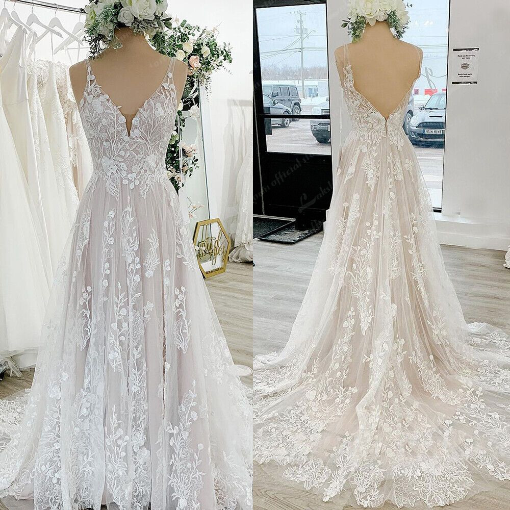 Beach Boho Wedding Dresses Backless Summer V Neck Champagne Tulle Bridal Gowns