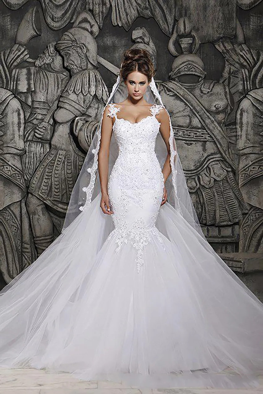 Lace appliques Mermaid Wedding Dresses Court Train Transparent Back Bridal Gowns