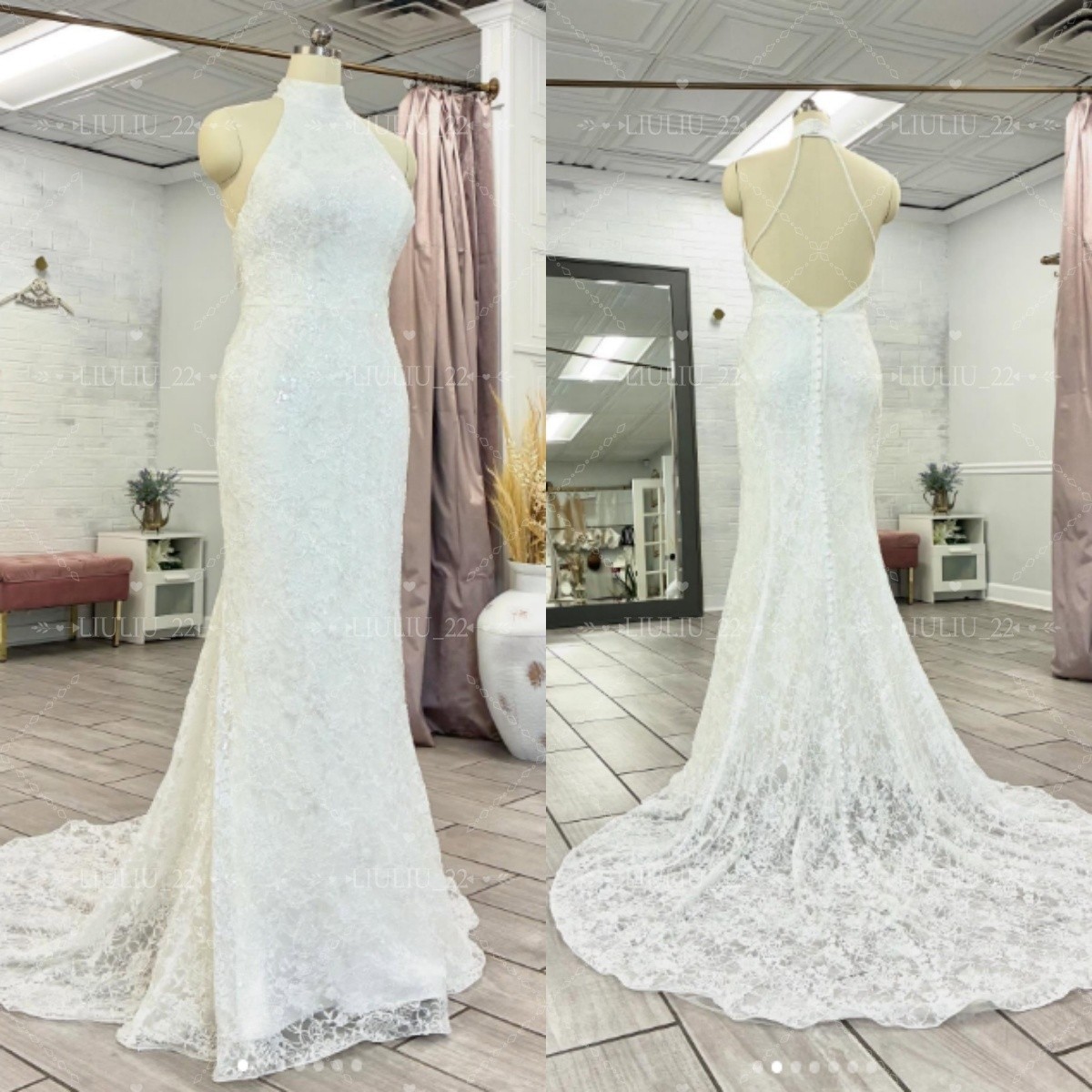 Mermaid Wedding Dress Halter Neck Backless Sweep Train Lace Applique Bridal Gown