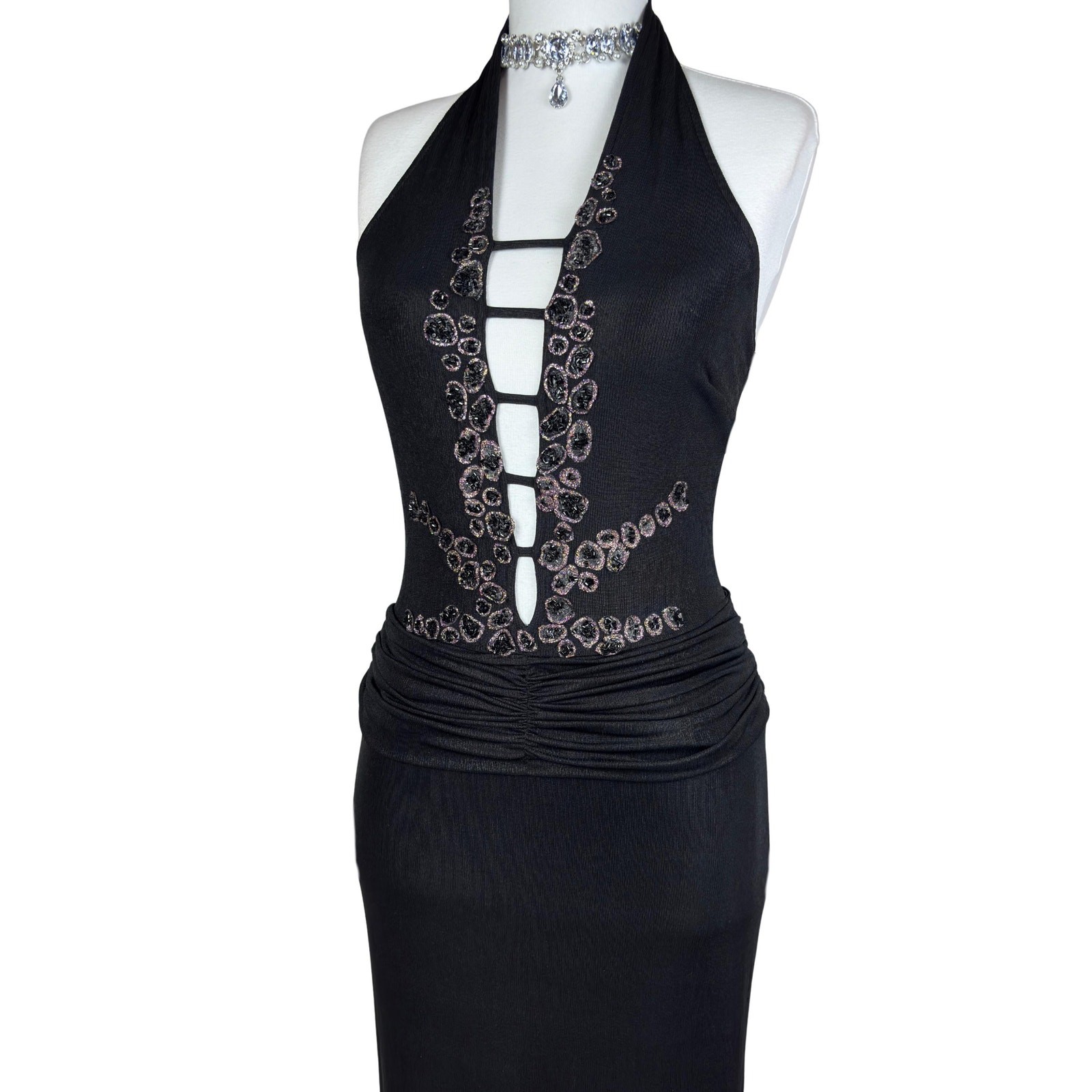 Y2K Black Halter Maxi Dress: Rhinestone Embellished, Deep Plunge, Bodycon
