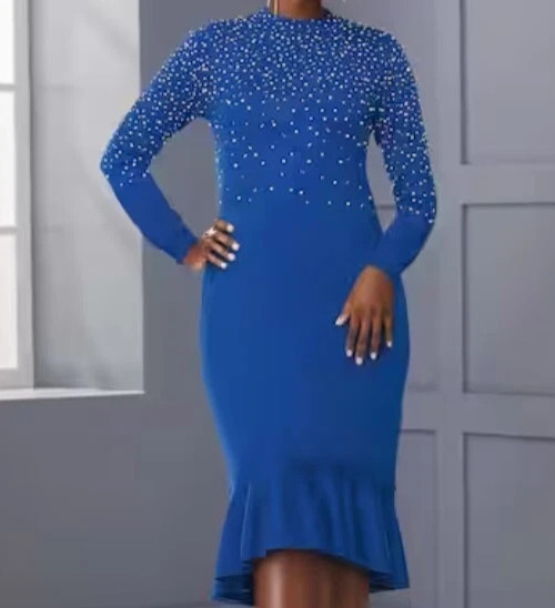 size small Pearl Peplum Blue Embelished Formal Sweater Dress by Ashro new