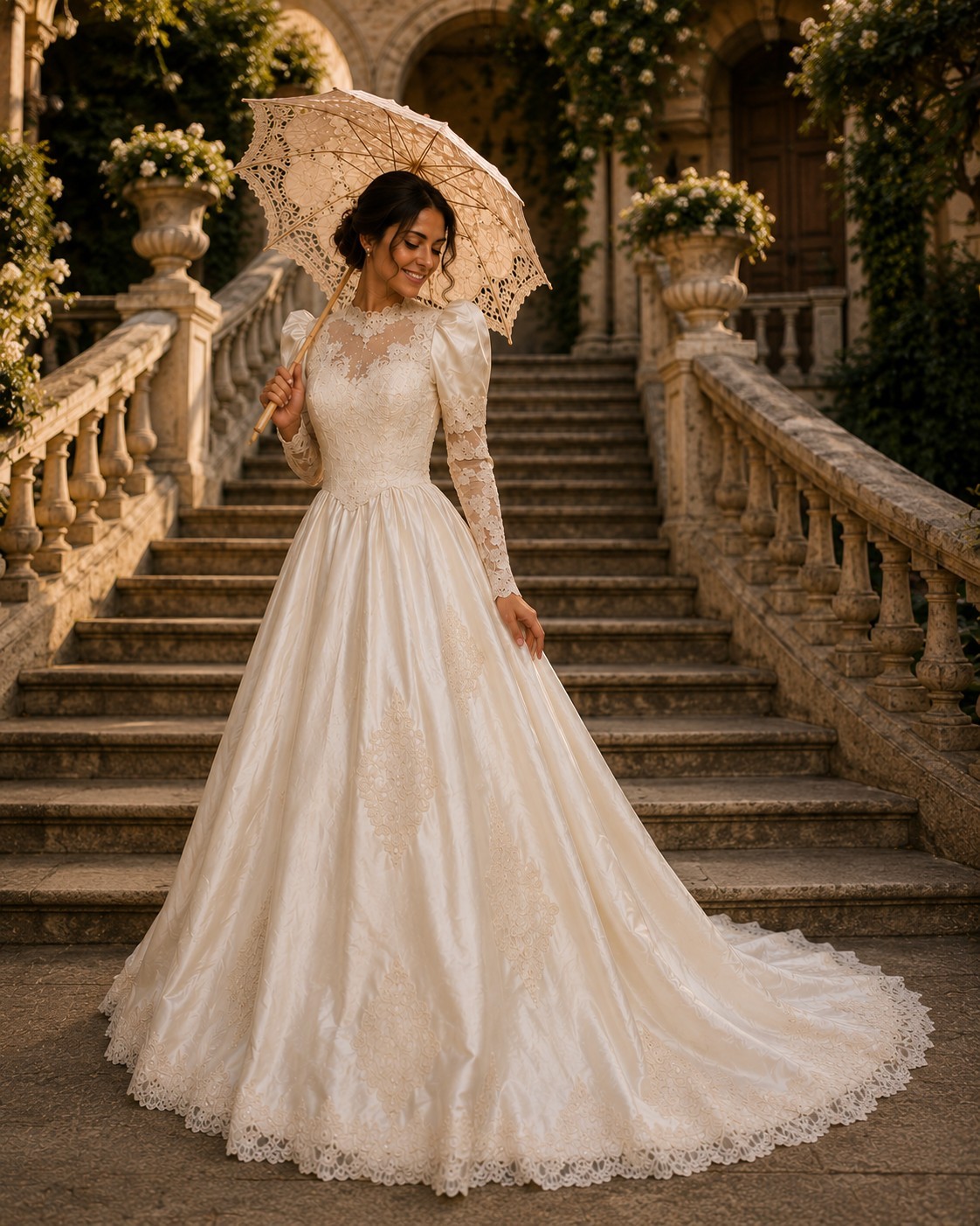 champagne Satin Lace Beaded Ball Gown Wedding Dress Square Neck Button Train