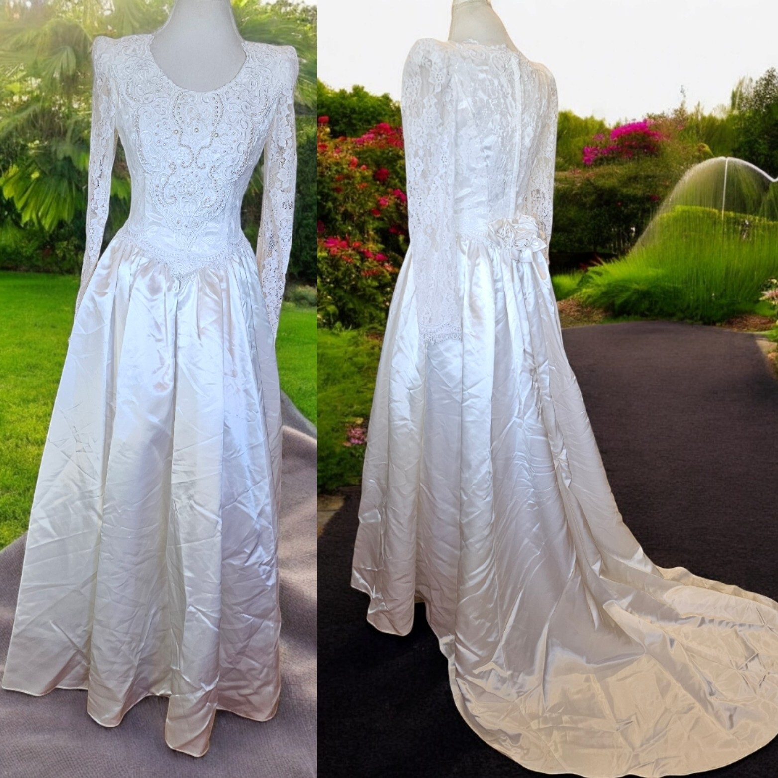Jessica Mcclintock 90s White Wedding Dress Lace Embellished Long Sleeve Size 7/8