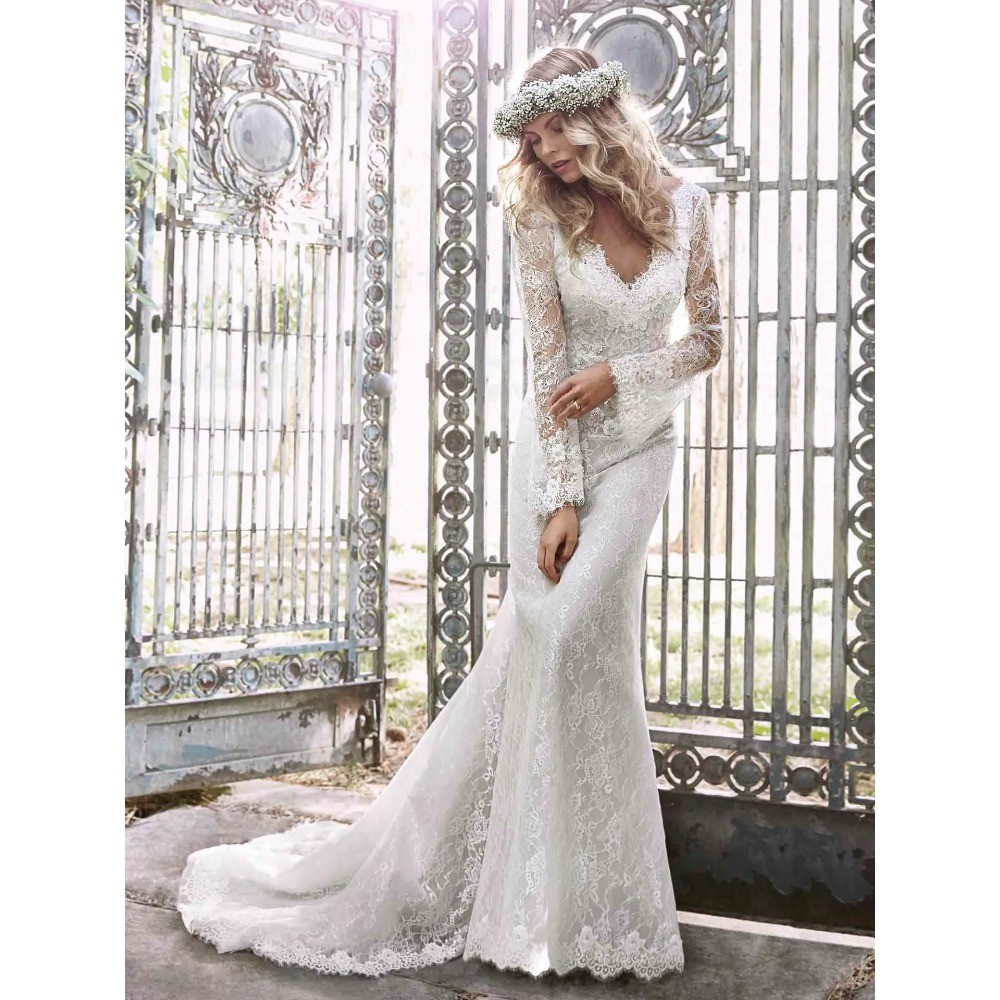 White 3D Flower Lace Mermaid Backless Wedding Dresses V Neck Applique BridalGown