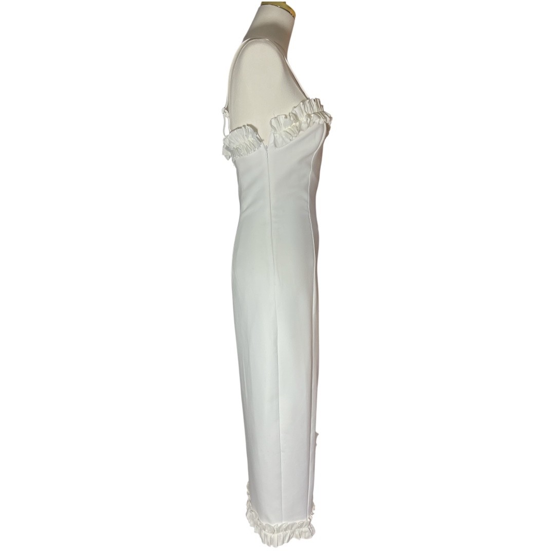 PrettyLittleThing White Ruffle Trim Midi Dress NWT Size 4 Romantic Slit Bodycon