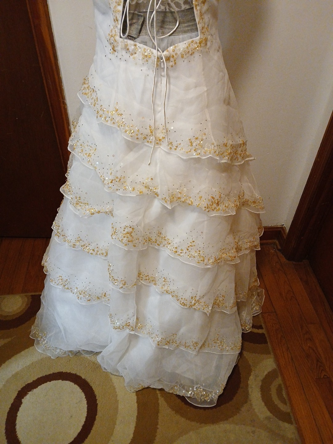 Jovani White Tiered Wedding Dress Size 12 With Gold Sequin Embellishments