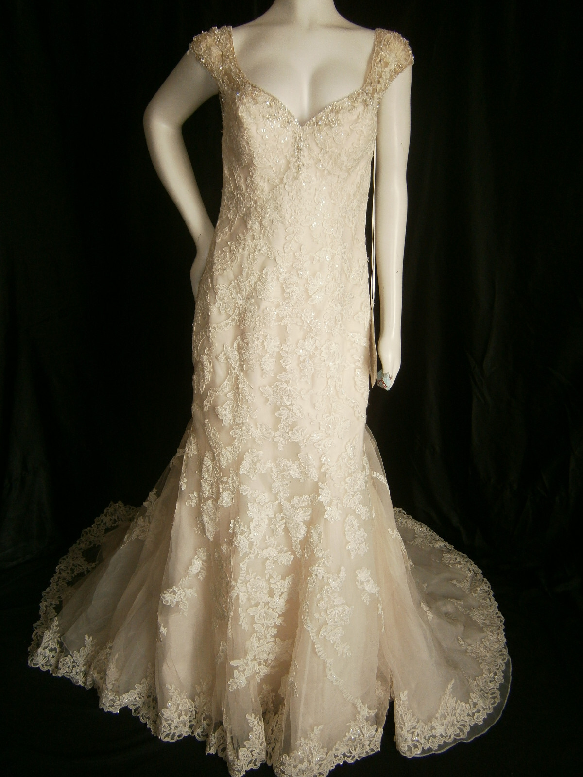 Essense of Australia D2002 Wedding Dress 12 Ivory Blush llusion Sparkle Sequins