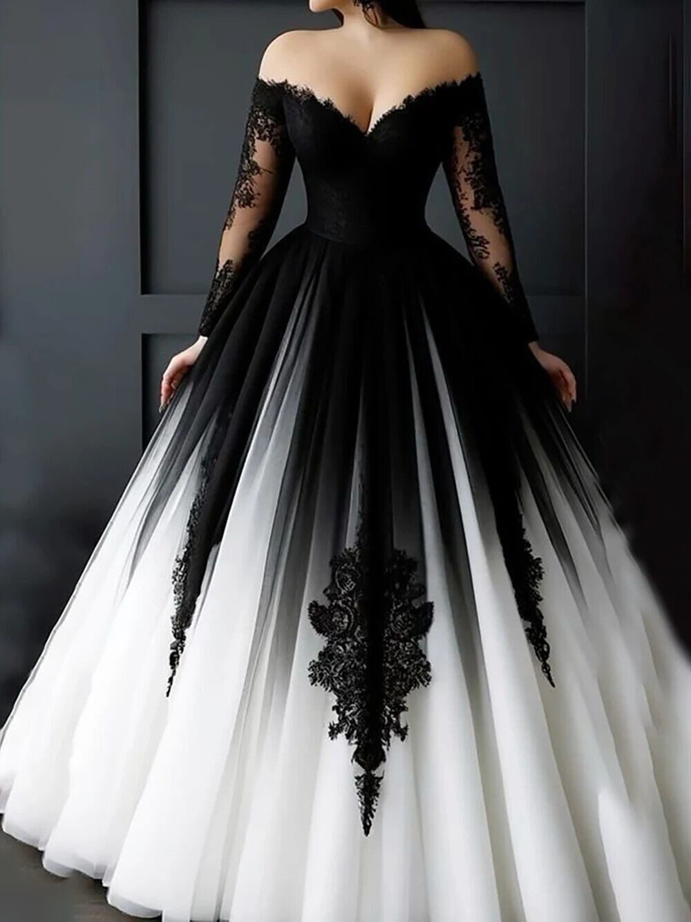 Black And White Wedding Dresses V Neck Off Shoulder Floor Length Applique Tulles