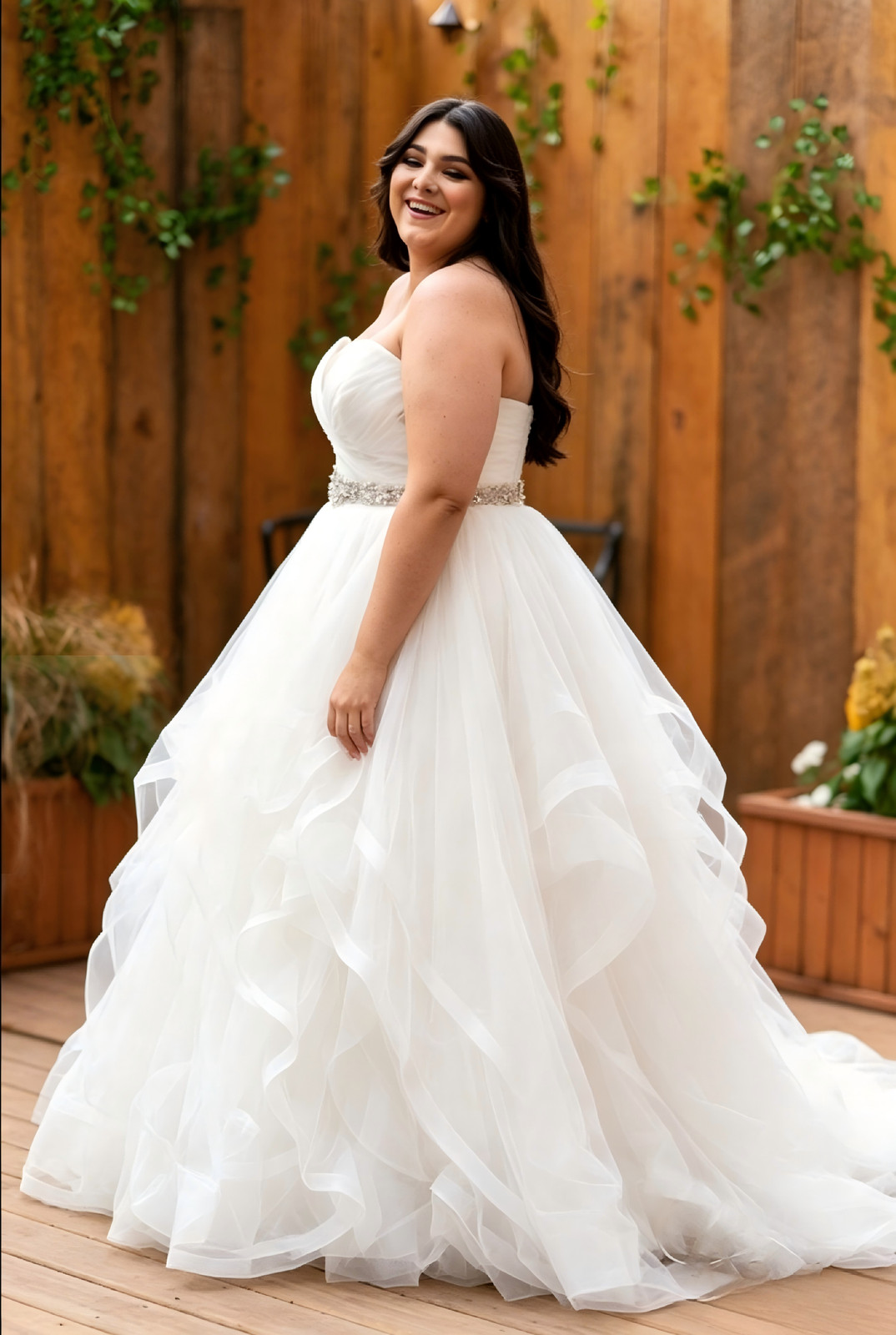 Plus Size Strapless Ruffled Ball Gown Wedding Dress Crystal Beaded Sash Train