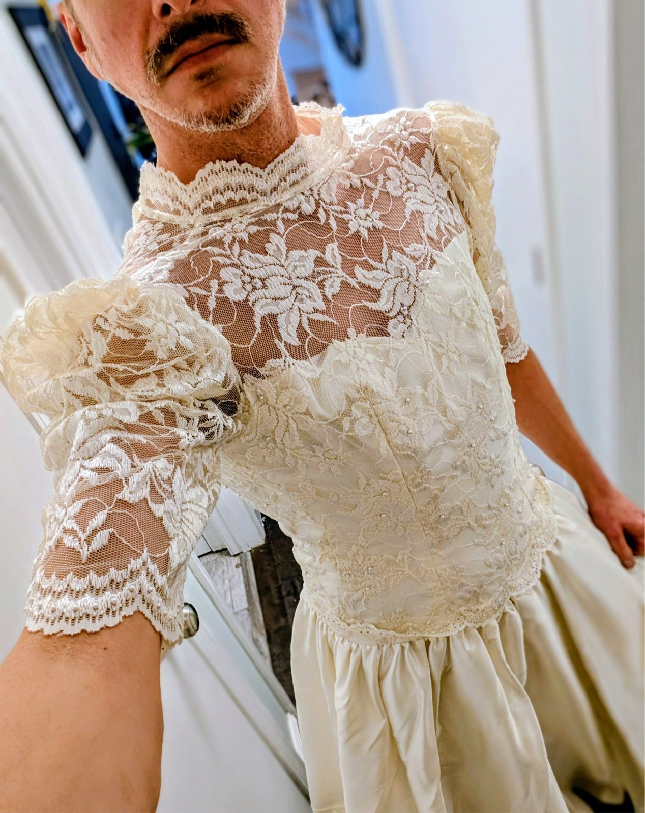 Dessy Creations Vintage 80s Wedding Dress Ivory Lace / Satin High neck &Sleeve