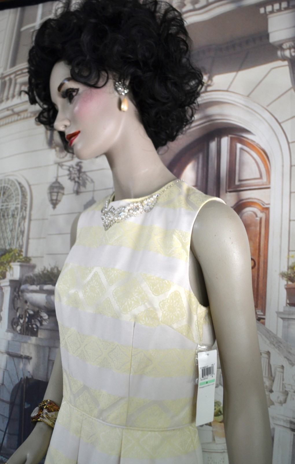 Maggy London Dress Size 8 Yellow White Brocade w/ Pearls Rhinestones New W/ Tags