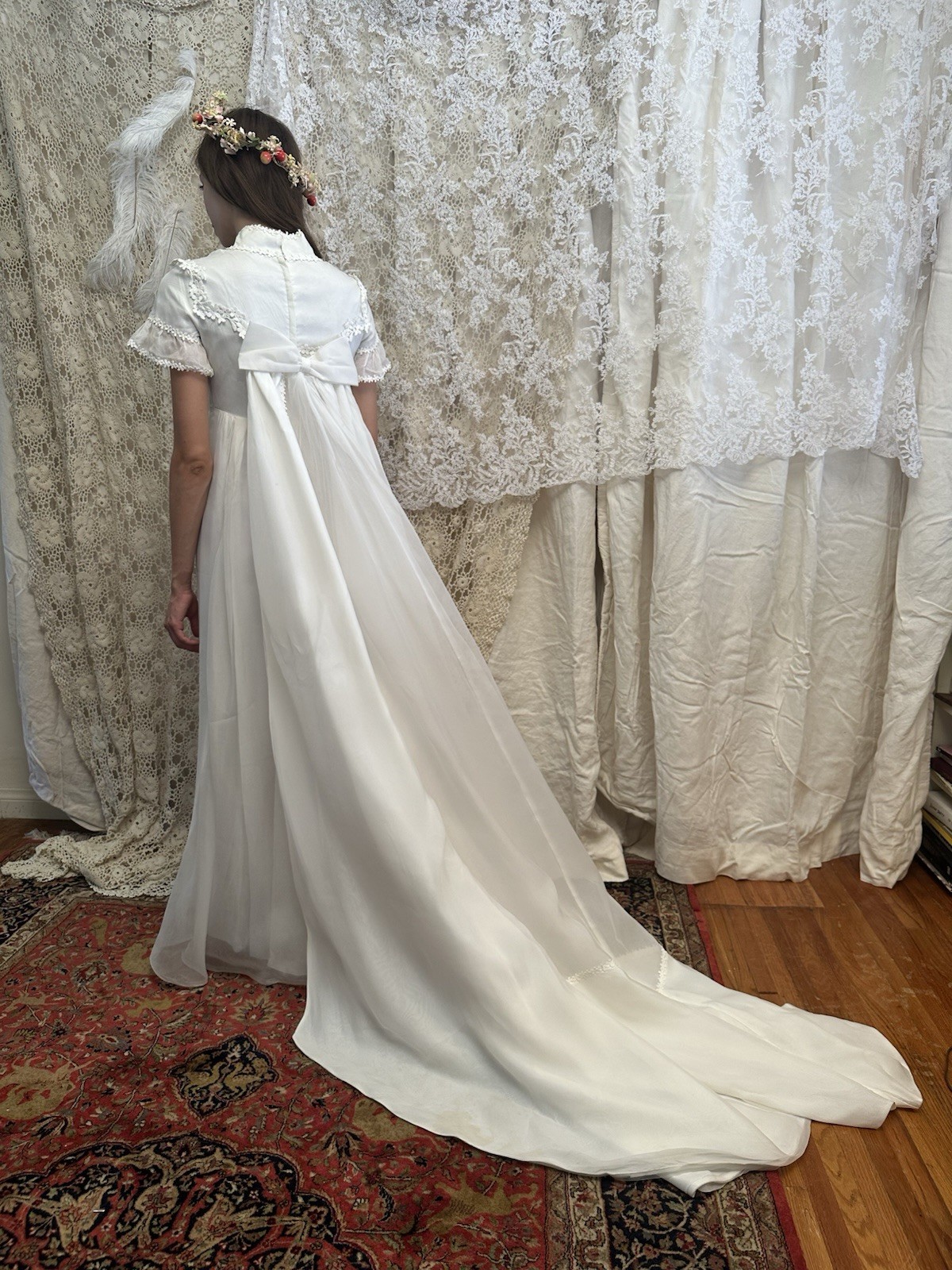 Vintage 1960s Restored White Lace High Neck Short Sleeve A-Line Wedding Dress