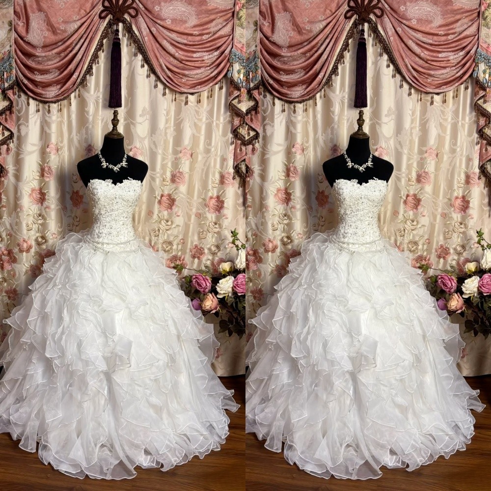 Gorgeous Wedding Dresses Strapless Ruffles A Line Beaded Organza Bridal Gowns