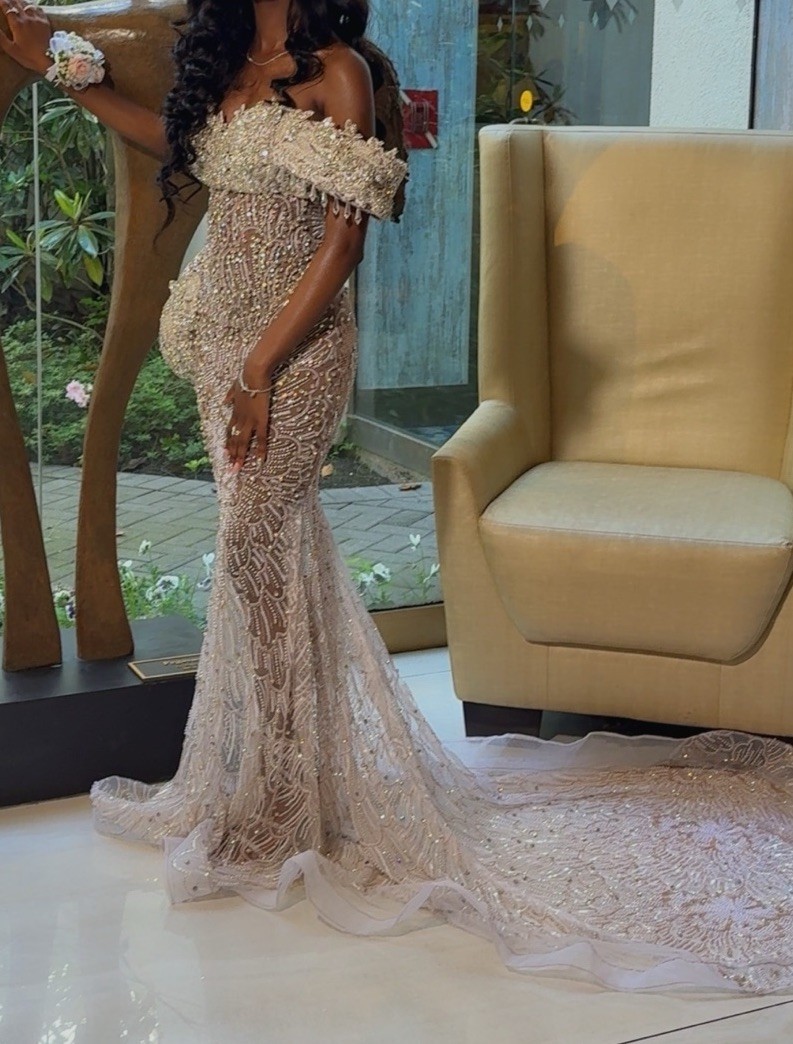 Handmade Ivory Off-Shoulder Lace Beaded Mermaid Corset Wedding/promDress S Train