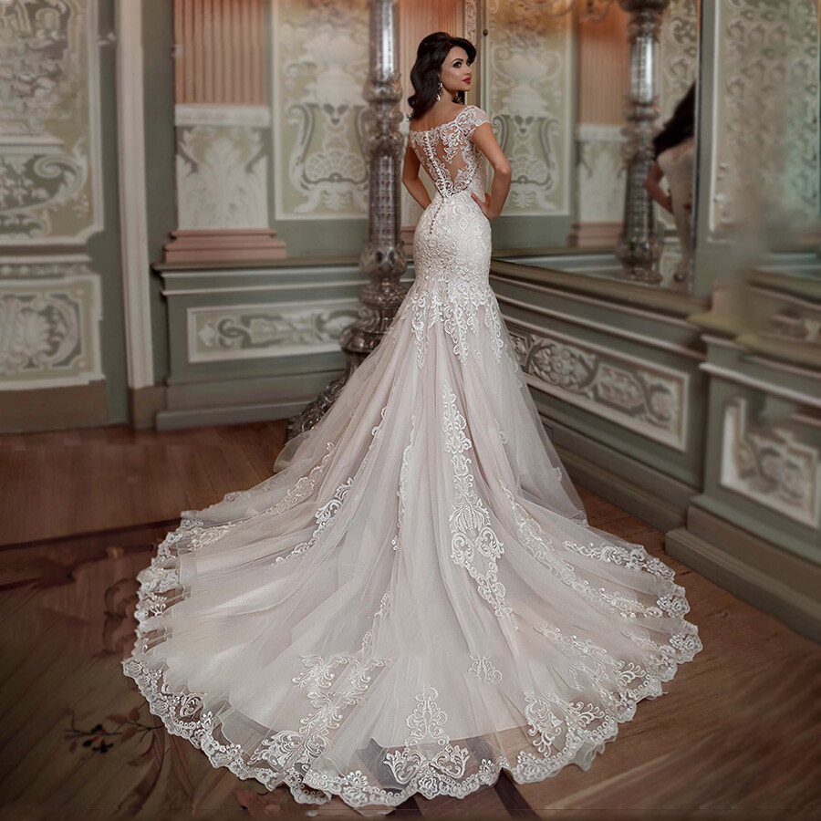 Sexy Mermaid WeddingDresses Short Sleeve Lace ​ Applique ​BridalGown Custom Size