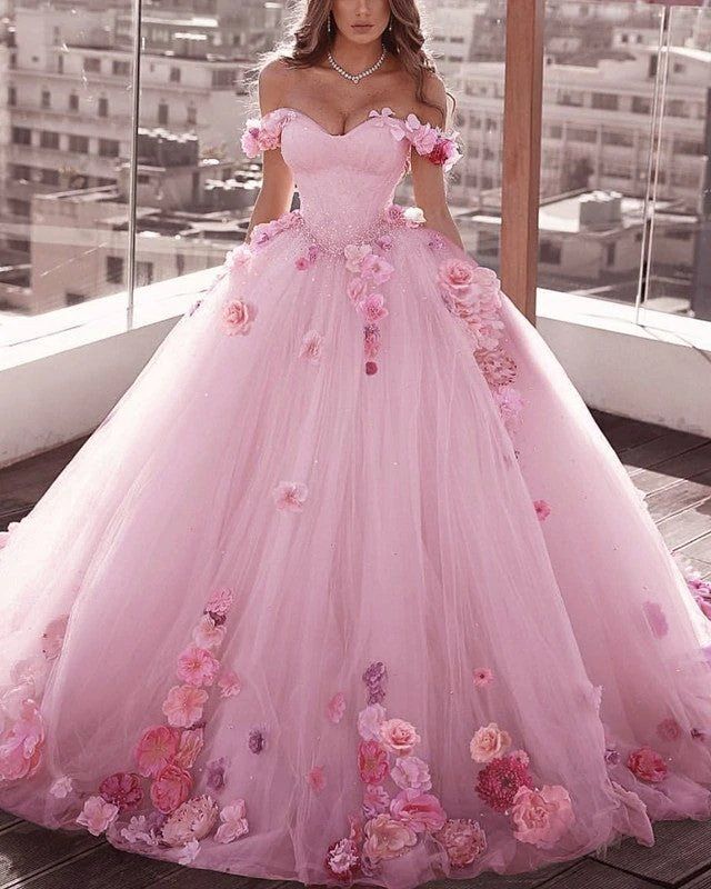 White Strapless Tulle Ball Gown Wedding Dresses Lace Floral Beaded Bridal Gowns