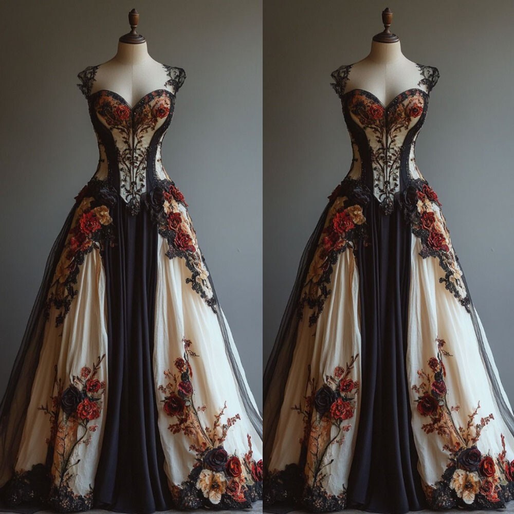 Retro Elegant Gothic Black and Champagne Wedding Dress 3D Floral Bridal Gown HOT