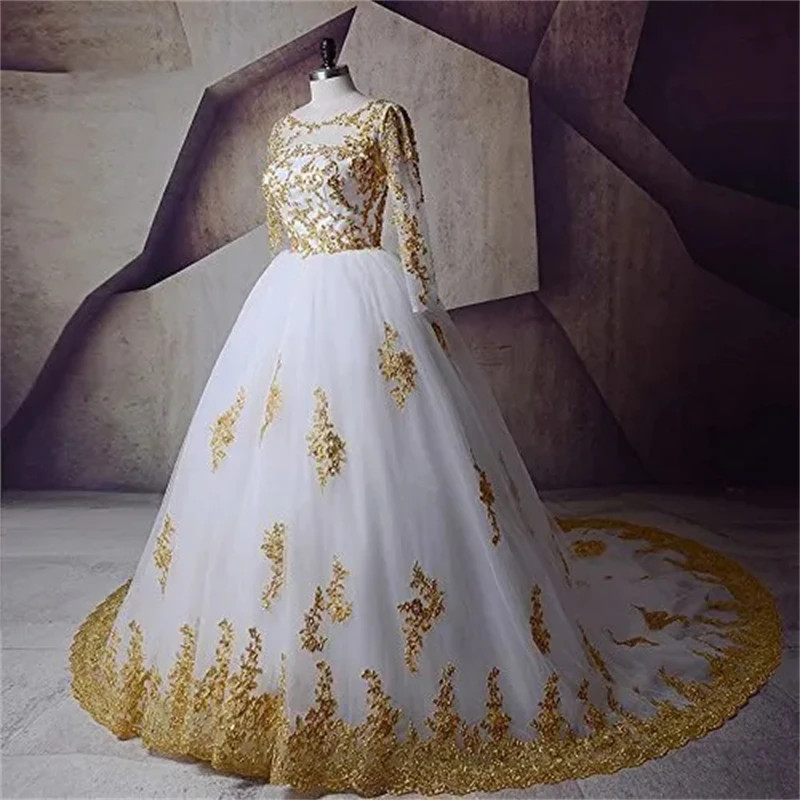 White Gold Classic WeddingDress Long Sleeves Lace Appliques Vintage Bridal Dress