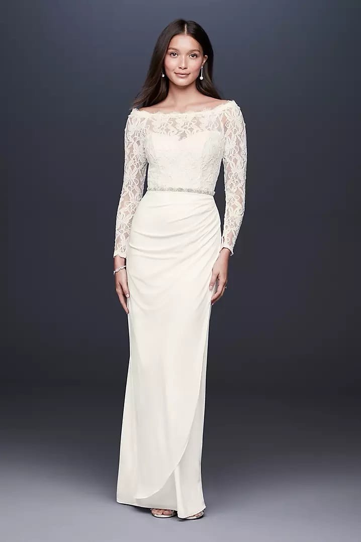 Ivory Lace Portrait Off-Shoulder Long Sleeve Column/Sheath Full-Length Dress