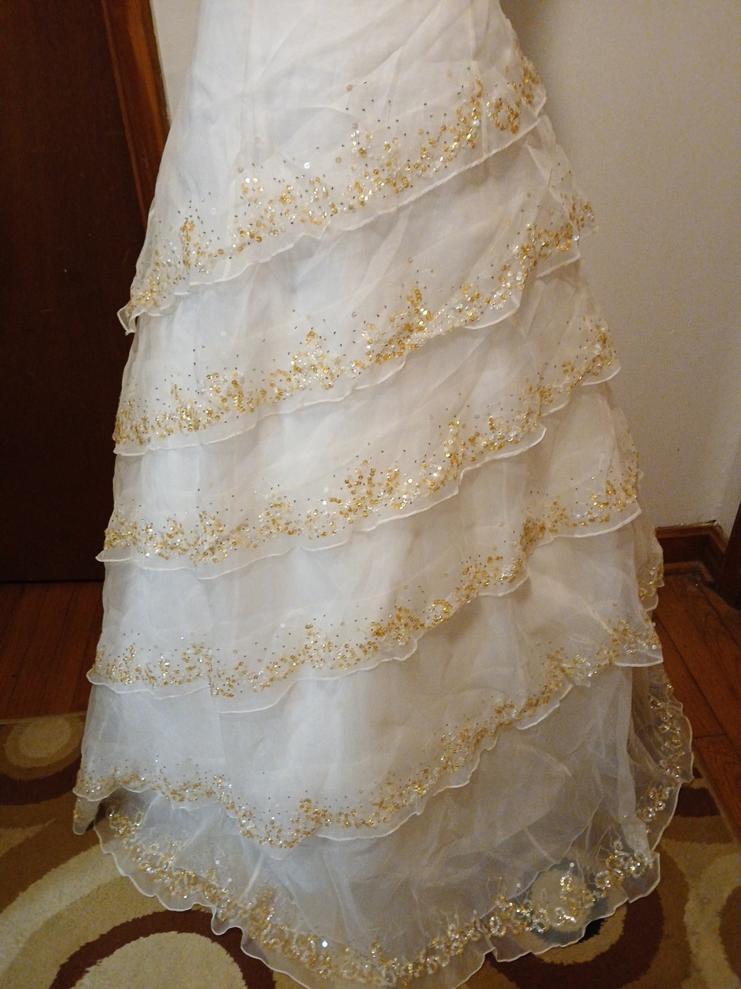 Jovani White Tiered Wedding Dress Size 12 With Gold Sequin Embellishments