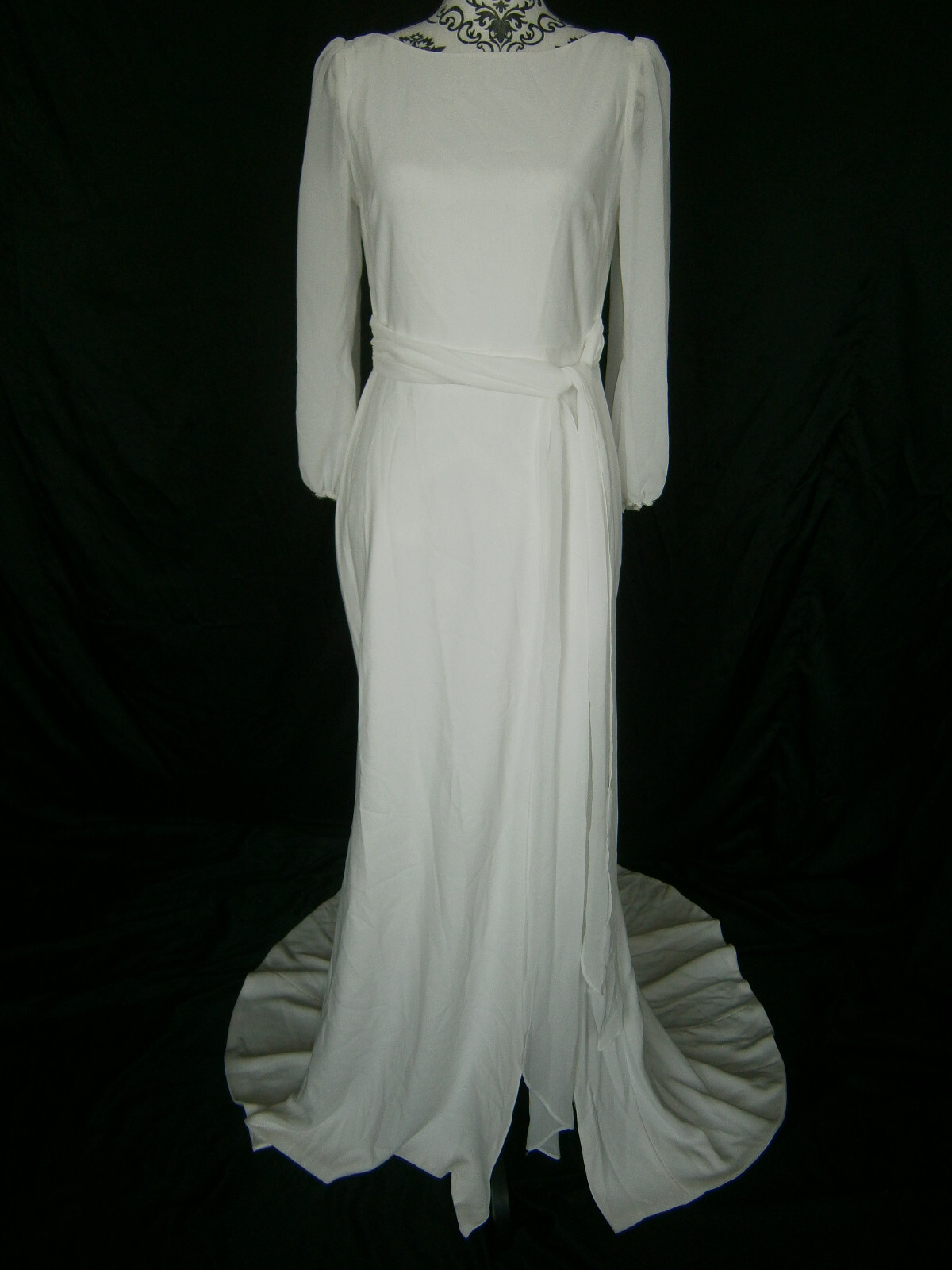 Amy Kuschel Wedding Dress 6 Off-White Scoop Neck Sleeves Back Low V Sash Beach