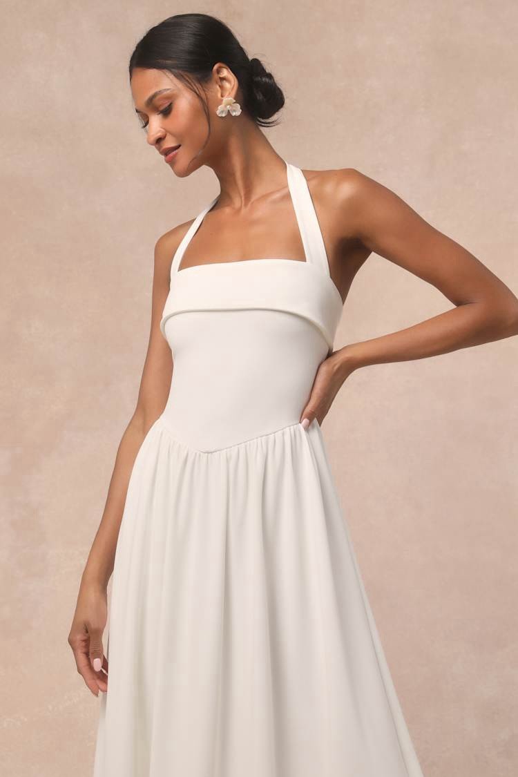 Lulus Telia Wedding Dress Sz Large White Halter Basque Waist Maxi Minimalist