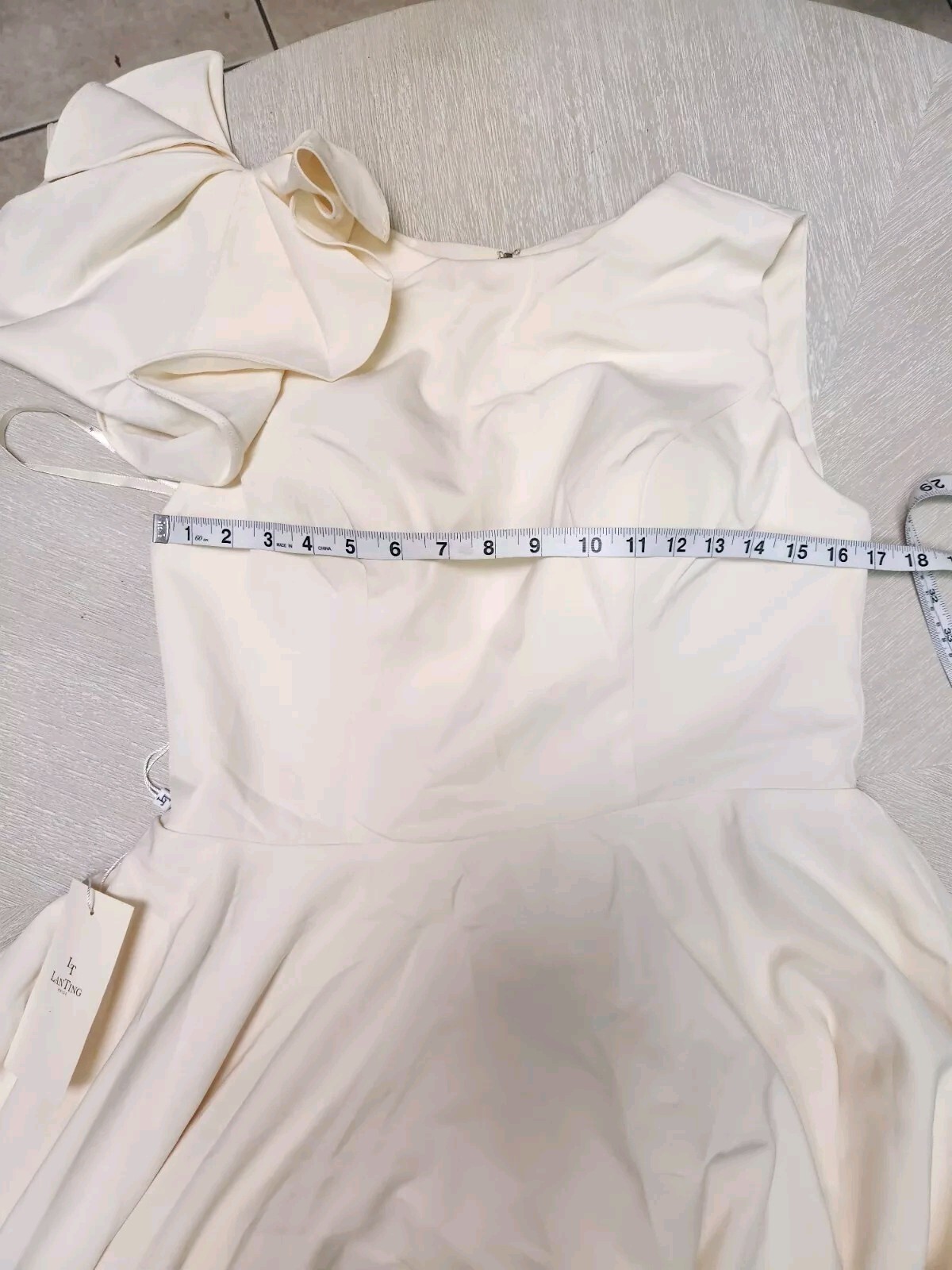 LT Lanting Bride Ivory Tea Length Ruffle Shoulder Wedding Dress Size 10 NWT