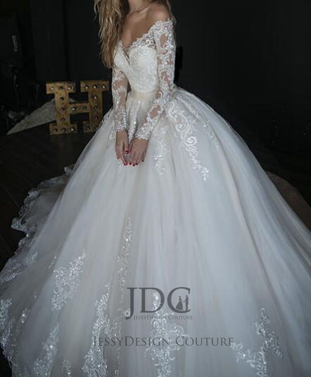 Luxurious lace wedding dress wedding dress 32-60 plus size n.measurement long sleeve beads