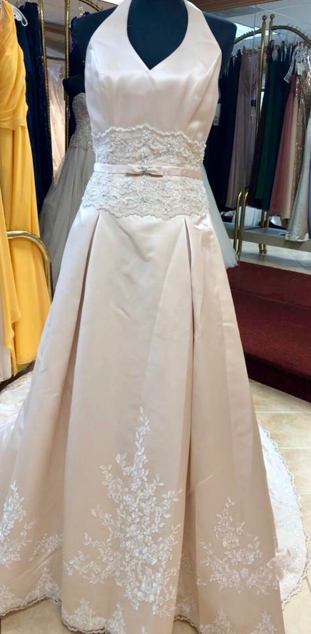 Unaltered Anjolique Wedding Dress Mocha Satin Lace Halter Neck A-Line Skirt Size