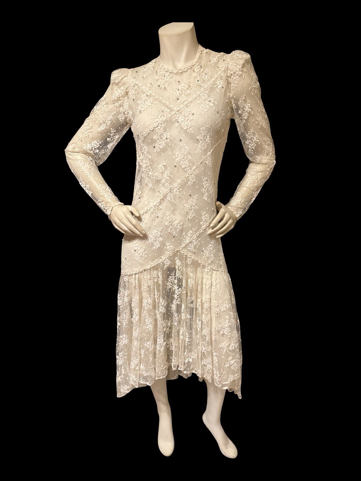 Vintage 80s Ivory Lace Dress Semi Sheer Tea Dress Edwardian Style Long Sleeve M