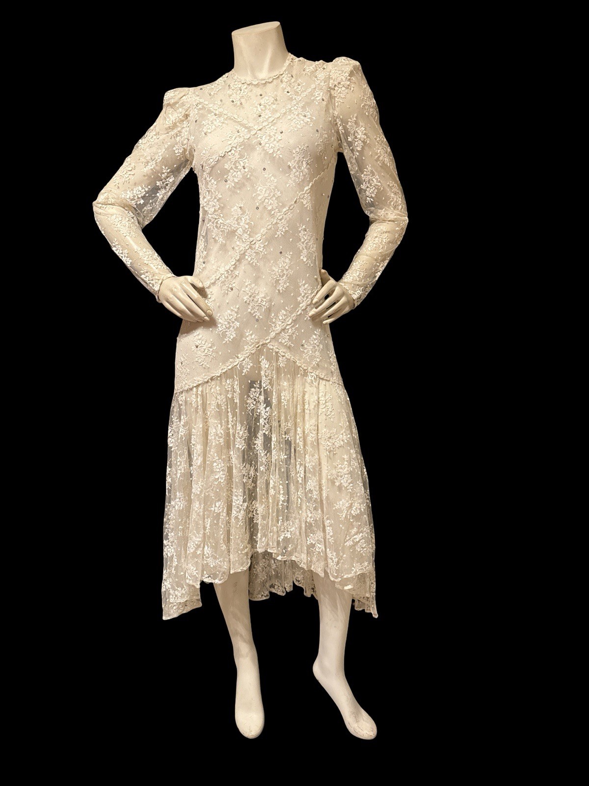 Vintage 80s Ivory Lace Dress Semi Sheer Tea Dress Edwardian Style Long Sleeve M