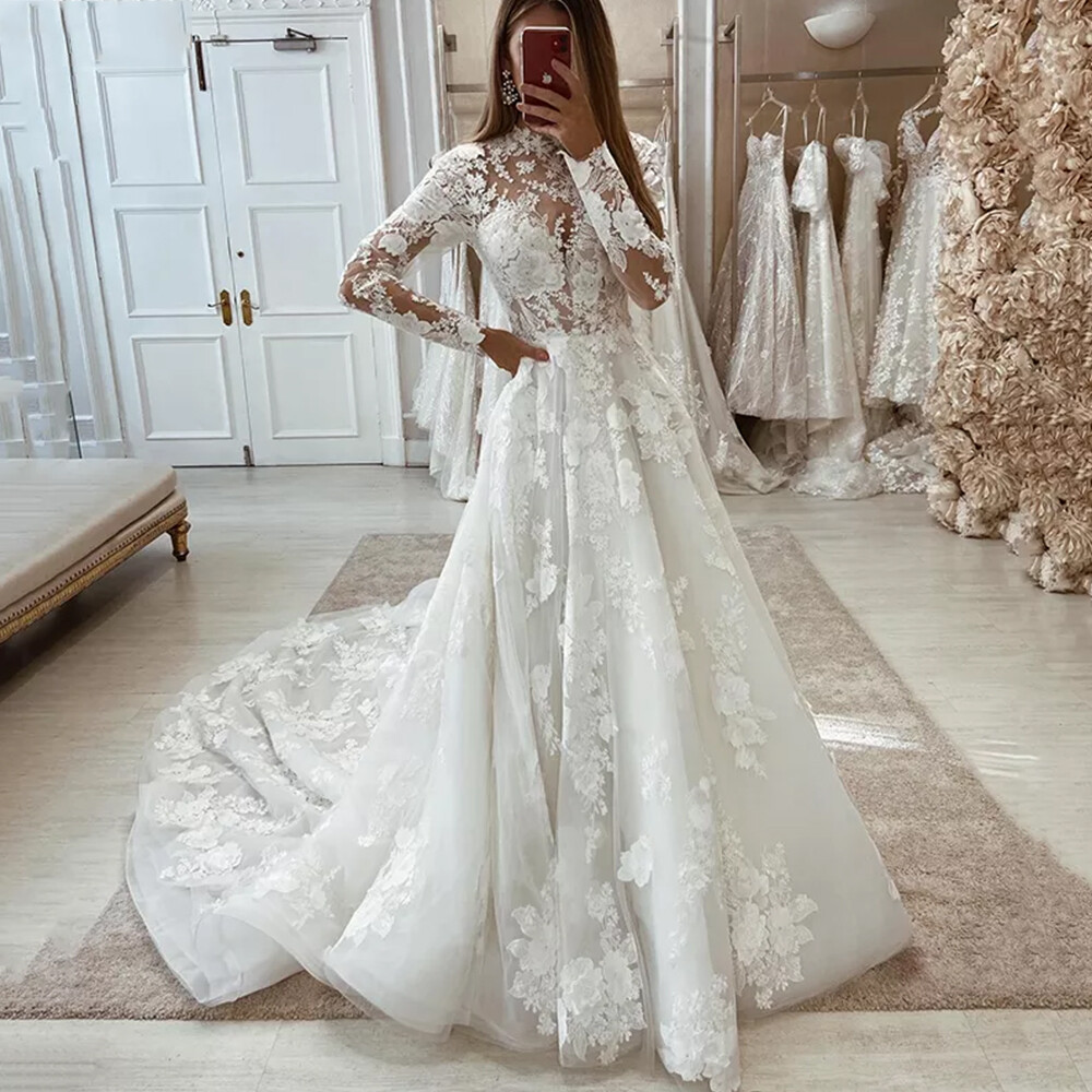 Lace Appliques High Neck Wedding Dresses Long SleevePrincess A Line Bridal Gown