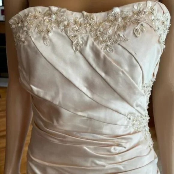 *Champagne Gold Satin Strapless Detachable Mini Wedding Gown Bridal Dress Size 4