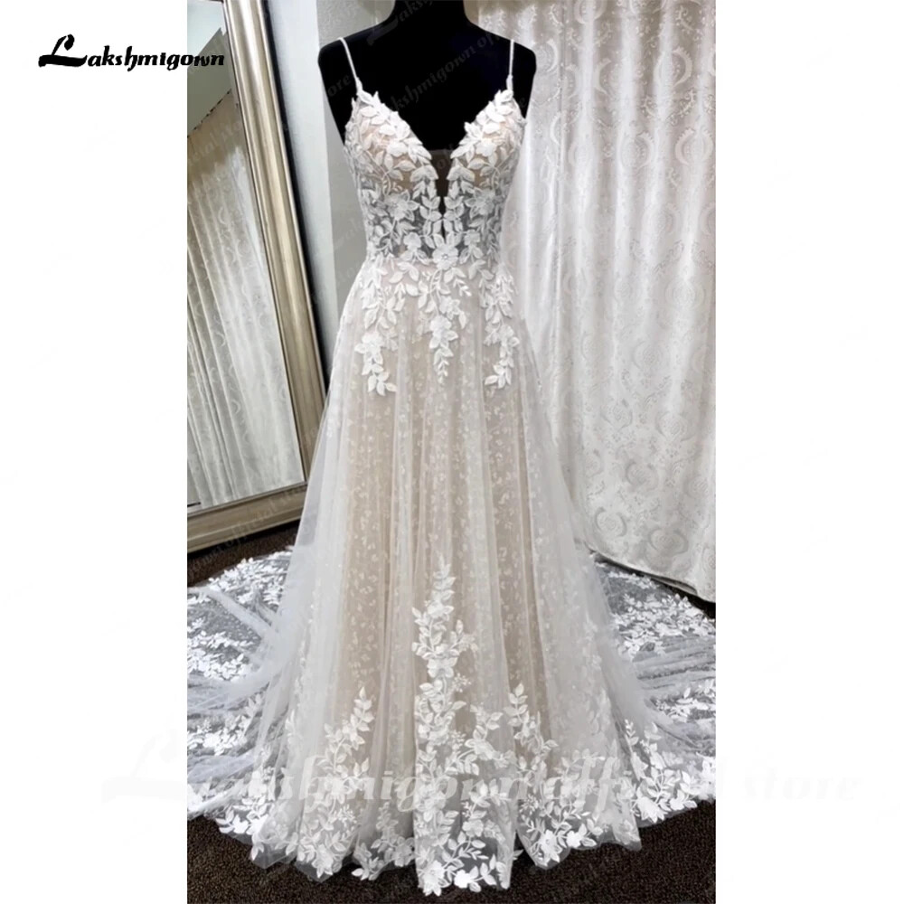 Deep V Neck Lace Floral Wedding Dresses Bridal Gown Champagne Spaghetti Straps