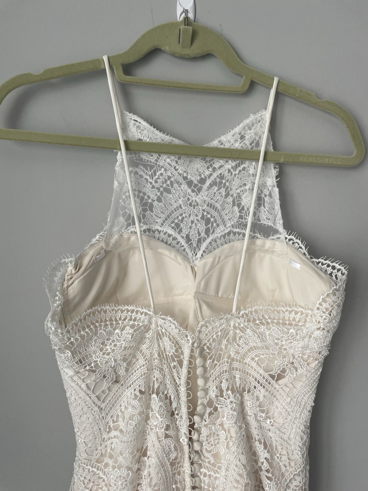Ivory Lace Wedding Dress High Neck Thin Strap Backless Beach Boho Cottagecore