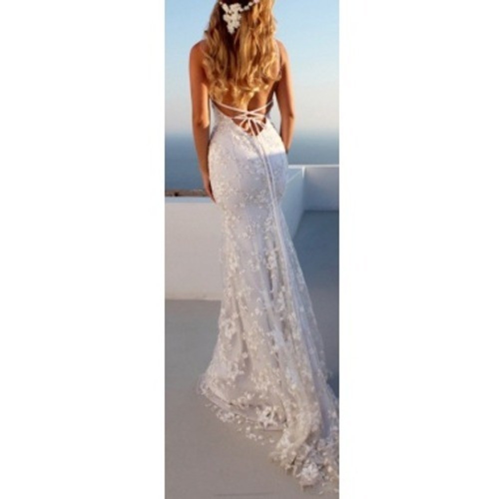 Stacees Women’s Ivory Floral Lace Open Back Spaghetti Strap Bridal Dress NWT