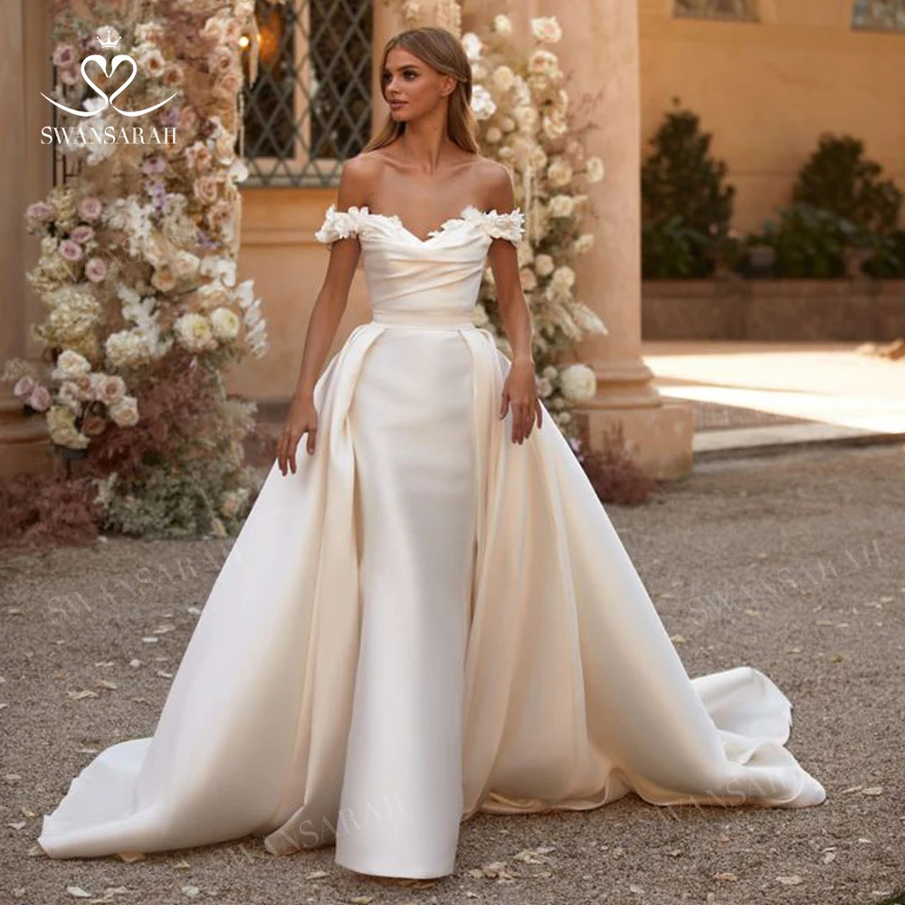 3D Flowers Mermaid Wedding Dress Off Shoulder Satin Detachable Train customized