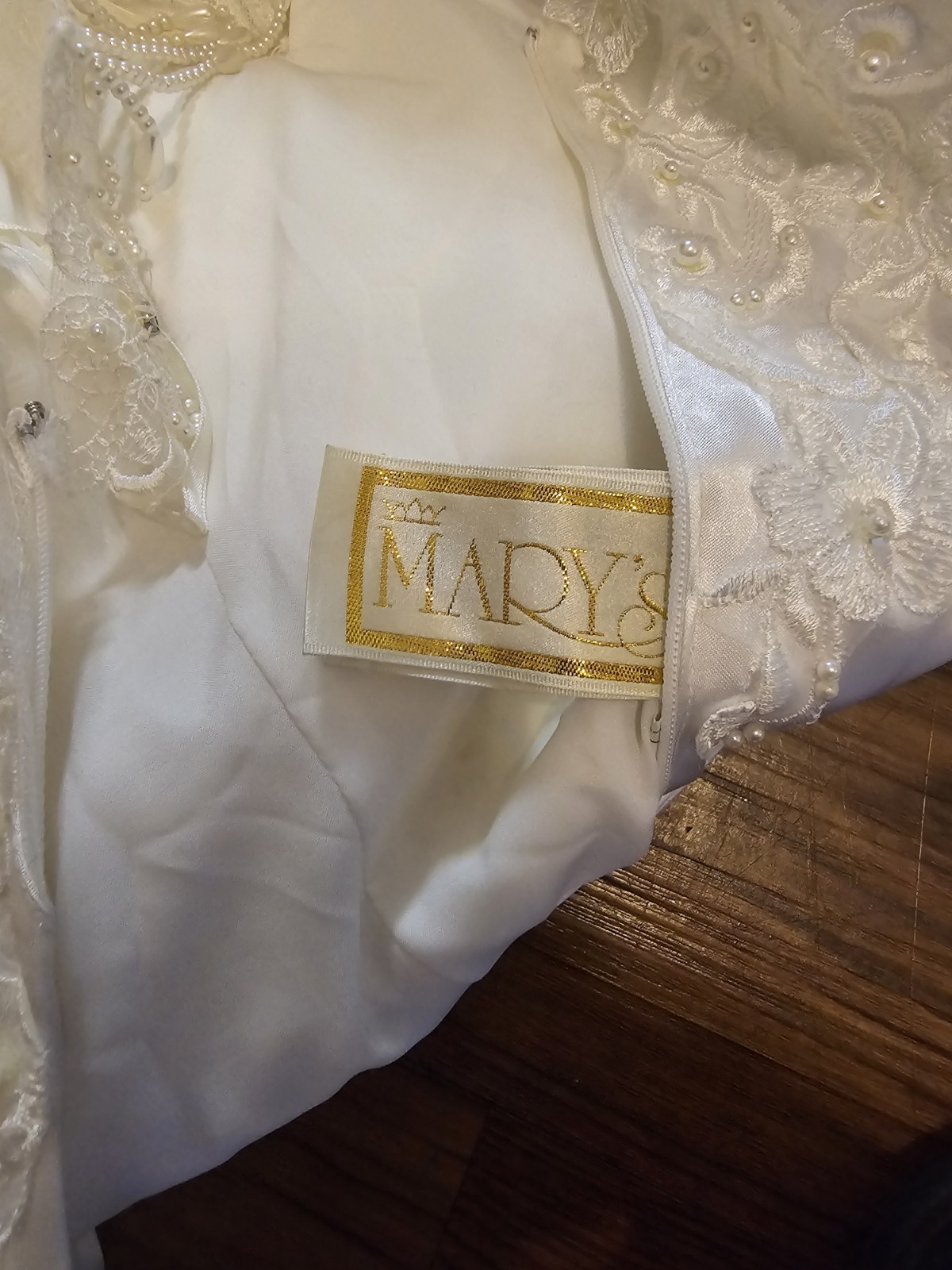 Mary’s White Satin Lace Beaded Bow Long Sleeve V-Neck A-Line Wedding Train