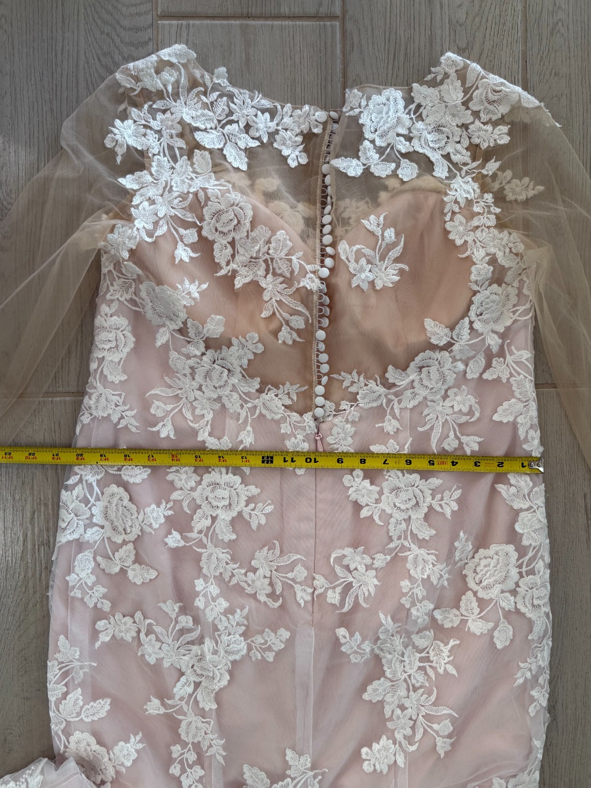 CUSTOM MADE PEACH/BLUSH WEDDING DRESS WITH LINER, LACE & SILK COVERED BUTTONS