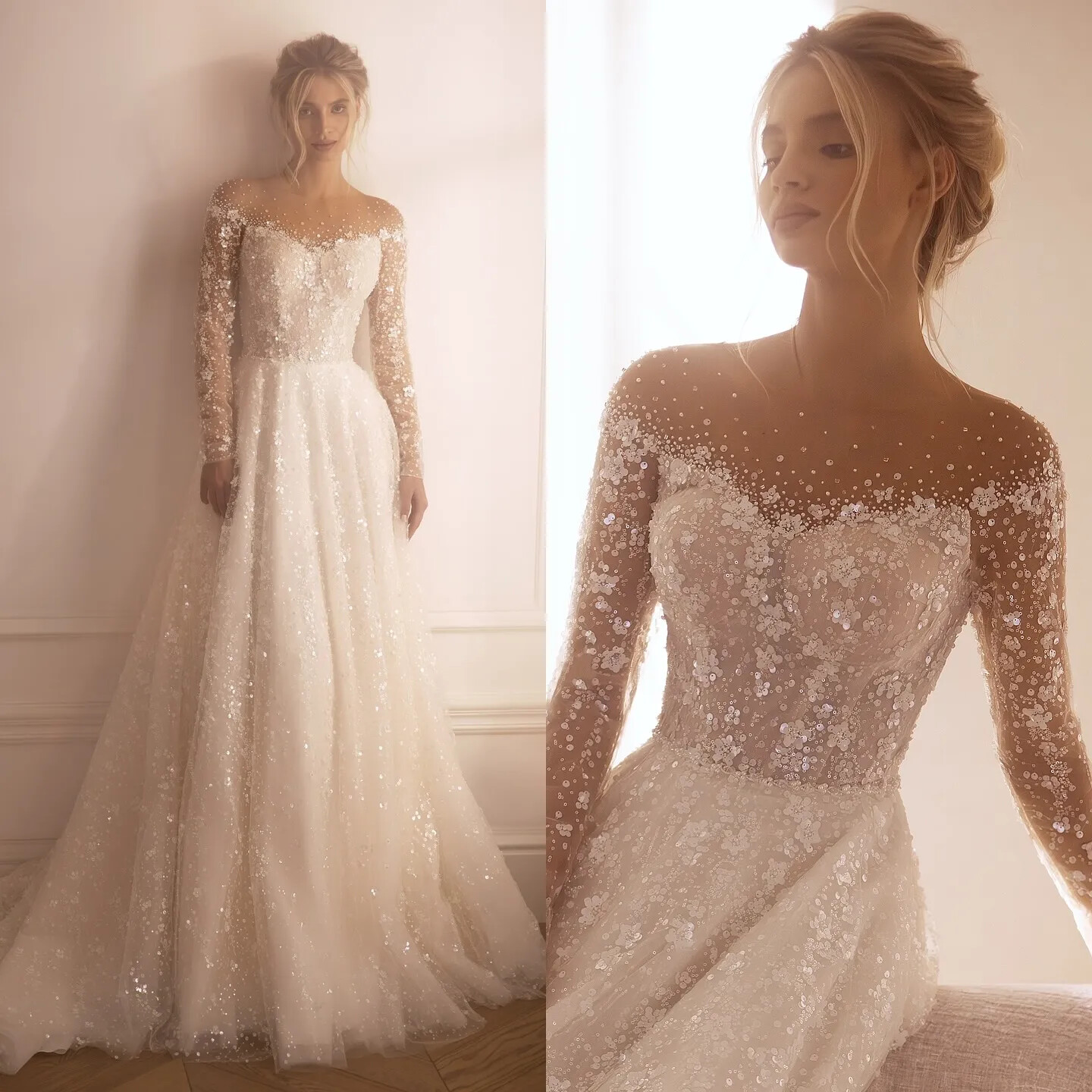 Glitter Sequin Lace Wedding Dresses Illusion Beading Long Sleeves Bridal Gowns