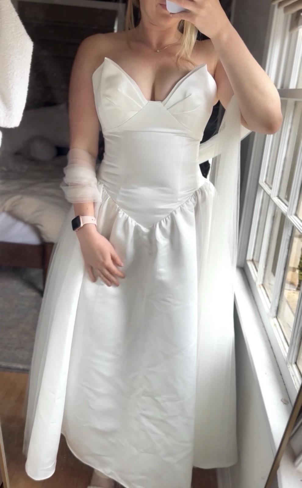 Watters Rickey Strapless Basque-Waist A-Line Midi Wedding Dress White Scarf